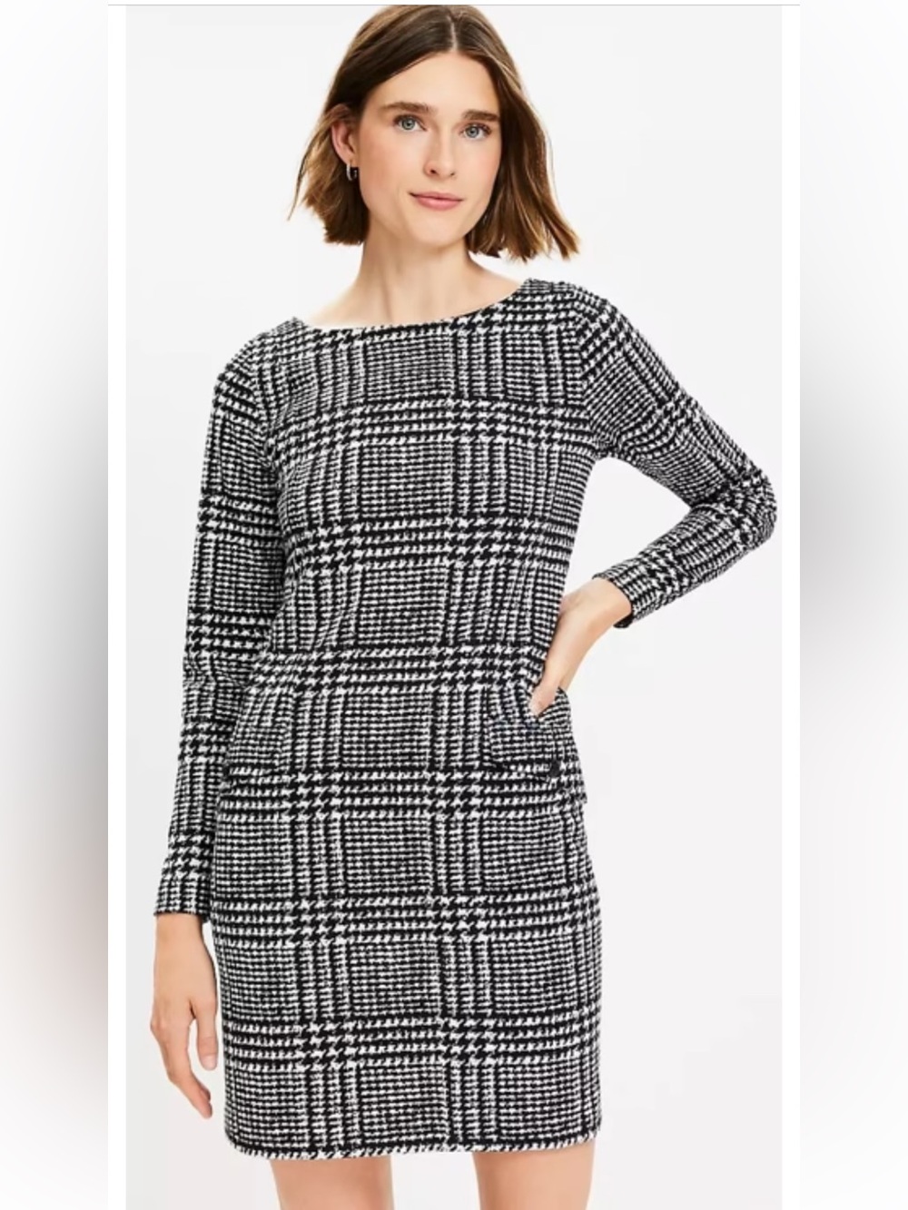 NWOT LOFT Petite Houndstooth Button Back Pocket Dress in black 14P